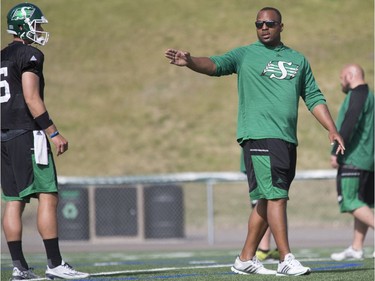 B.J. Coleman receives instruction at Saskatchewan Roughriders practice in Saskatoon, June 8, 2016.