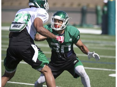 Joel Brtka takes on Saskatchewan Roughriders practice in Saskatoon, June 8, 2016.