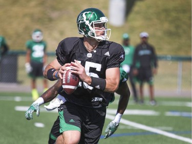 B.J. Coleman looks downfield at Saskatchewan Roughriders practice in Saskatoon, June 8, 2016.