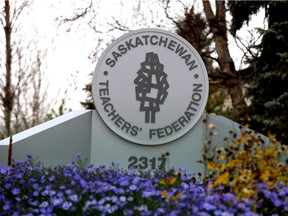The Saskatchewan Teachers Federation logo can be seen on the STF building on November 4, 2015.