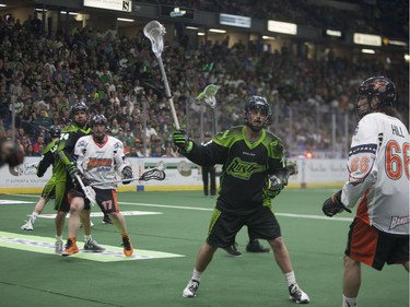 Saskatchewan Rush #72 Adrian Sorichetti defends the field against a Buffalo Bandits player during the NLL Championship game at SaskTel Centre in Saskatoon, June 4, 2016.