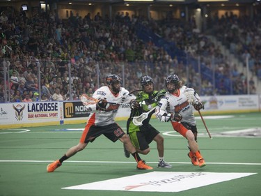 Saskatchewan Rush #74 Jeremy Thompson checks a Buffalo Bandits player during the NLL Championship game at SaskTel Centre in Saskatoon, June 4, 2016.