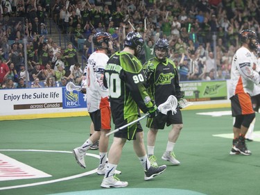 The Saskatchewan Rush celebrate after scoring against the Buffalo Bandits during the NLL Championship game at SaskTel Centre in Saskatoon, June 4, 2016.