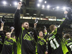 The Saskatchewan Rush celebrated back-to-back National Lacrosse League titles with an 11-10 victory over the Buffalo Bandits on June 4, 2016 at SaskTel Centre.