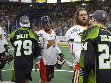 The Saskatchewan Rush celebrate after an 11-10 victory over the Buffalo Bandits during the NLL Championship game at SaskTel Centre in Saskatoon, June 4, 2016.