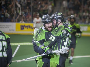 The Saskatchewan Rush celebrate after scoring a goal against the Buffalo Bandits during the NLL Championship game at SaskTel Centre in Saskatoon, June 4, 2016.