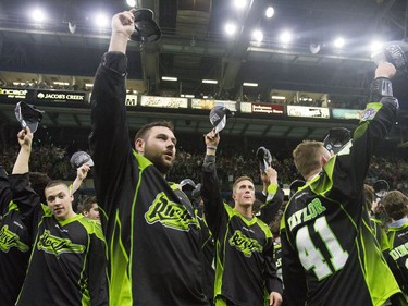 The Saskatchewan Rush celebrate after an 11-10 victory over the Buffalo Bandits during the NLL Championship game at SaskTel Centre in Saskatoon, June 4, 2016.