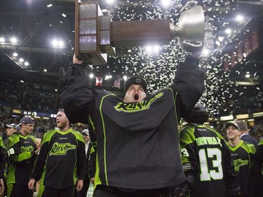 The Saskatchewan Rush celebrate after an 11-10 victory over the Buffalo Bandits during the NLL Championship game at SaskTel Centre in Saskatoon, June 4, 2016.