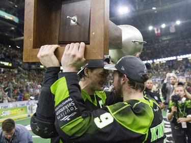 The Saskatchewan Rush celebrate after an 11-10 victory over the Buffalo Bandits during the NLL Championship game at SaskTel Centre in Saskatoon, June 4, 2016.