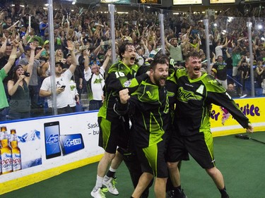 The Saskatchewan Rush celebrate after an 11-10 victory over the Buffalo Bandits during the NLL Championship game at SaskTel Centre in Saskatoon, June 4, 2016.