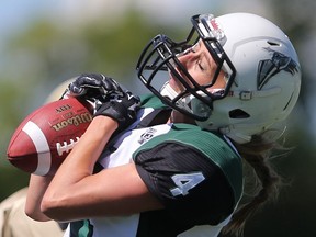 Valkyries' Carly Dyck nearly makes the catch during the opening round of playoffs against Manitoba Fearless at SMF Field in Saskatoon Sunday, June 12, 2016.