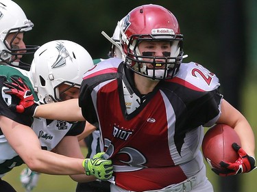 Riot's Carmen Agar protects the ball during first half action at the Saskatoon Valkyries vs. Regina Riot conference final at SMF Field in Saskatoon, June 19, 2016.