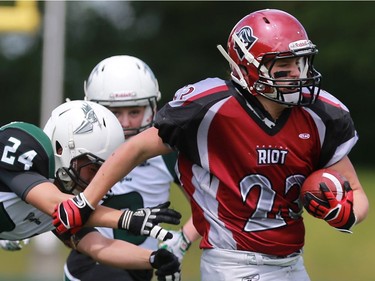 Riot's Carmen Agar runs with the ball during first half action at the Saskatoon Valkyries vs. Regina Riot conference final at SMF Field in Saskatoon, June 19, 2016.