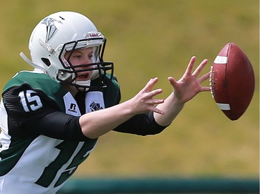 Valkyries' Alex Eyolfson catches the ball during first half action at the Saskatoon Valkyries vs. Regina Riot conference final at SMF Field in Saskatoon, June 19, 2016.