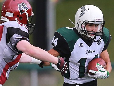 Valkyries' Julene Friesen runs with the ball during first half action at the Saskatoon Valkyries vs. Regina Riot conference final at SMF Field in Saskatoon, June 19, 2016.