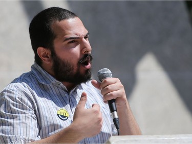 Ahmad Majid performs spoken word during World Refugee Day put on by the Saskatoon Refugee Coalition at Civic square at City Hall in Saskatoon on June 20, 2016.