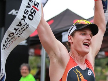 James Cook finishes first with a time of 2:05:16 in the Subaru 5i50 Saskatoon Triathlon on June 26, 2016.