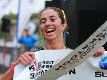 Michelle Barnes is the fourth woman to cross the finish line in the Subaru 5i50 Saskatoon Triathlon on June 26, 2016.