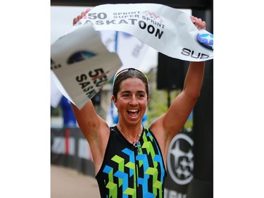 Michelle Barnes is the fourth woman to cross the finish line in the Subaru 5i50 Saskatoon Triathlon on June 26, 2016.