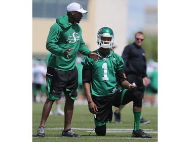 Defensive back Victor Dean Jr. gets coached during Riders training camp at Griffiths Stadium in Saskatoon on June 5, 2016.