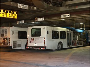 Saskatoon city buses in the bus barn in 2014.