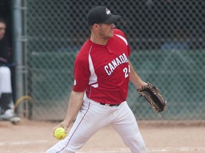 SASKATOON,SK--JULY 5 2015- Canada's Devon McCullough (24) throws a pitch during Canada's 10-5 win over New Zealand in the gold medal game at the 2015 World Softball Championship at Bob Van Impe Field on Sunday July 5th, 2015.(PETE YEE/STAR PHOENIX)