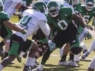 Defensive lineman #0 Jonathan Newsome in action during Roughrider spring camp in Saskatoon, June 1, 2016.