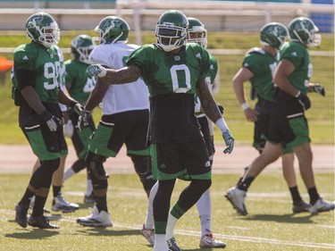 Defensive lineman #0 Jonathan Newsome in action during Roughrider spring camp in Saskatoon, June 1, 2016.