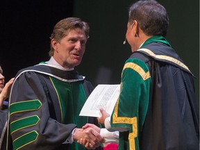 Olympic gold medal and Stanley Cup winning coach Mike Babcock receives an honorary Doctor of Laws degree during a University of Saskatchewan convocation ceremony in Saskatoon , Thursday, June 02, 2016. (GREG PENDER/STAR PHOENIX)