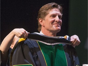 Olympic gold medal and Stanley Cup winning coach Mike Babcock receives an honorary Doctor of Laws degree during a University of Saskatchewan convocation ceremony in Saskatoon, Thursday, June 02, 2016. (GREG PENDER/STAR PHOENIX)