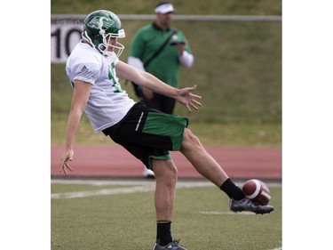 Quinn Van Gylswyk, kicker,  in action at Rider camp action at Griffiths Stadium in Saskatoon, Thursday, June 02, 2016.