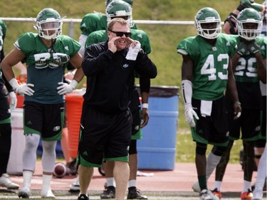 Riders head coach Chris Jones on the sidelines in Rider camp action at Griffiths Stadium in Saskatoon, Thursday, June 02, 2016.