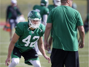 Graig Newman, defensive back, during Rider training camp at Griffiths Stadium in Saskatoon, Friday, June 03, 2016.