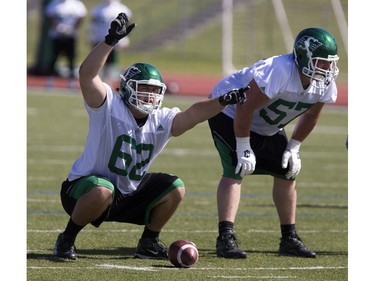 Offensive lineman Aaron Picton calls out during Roughrider training camp at Griffiths Stadium, June 15, 2016.