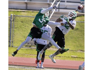 Defensive back Xavier Walker knocks the ball away from wide receiver Naaman Roosevelt during Roughrider training camp at Griffiths Stadium, June 15, 2016.