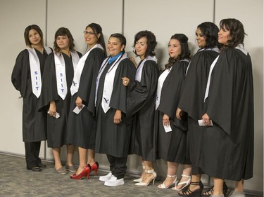 About 200 grads took part in convocation ceremonies for the Saskatchewan Indian Institute of Technologies at Prairieland Park, June 16, 2016. Backstage the grads had their photos taken and were instructed in the procession.