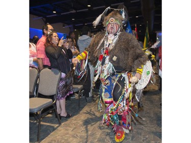 About 200 grads took part in convocation ceremonies for the Saskatchewan Indian Institute of Technologies at Prairieland Park, June 16, 2016. A grand entry was led by the eagle staff and buffalo dancer Donnie Speidel (shown), along with the music of the Wild Horse Singers.