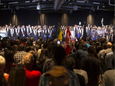 About 200 grads took part in convocation ceremonies for the Saskatchewan Indian Institute of Technologies at Prairieland Park, June 16, 2016. A grand entry was led by the eagle staff and buffalo dancer Donnie Speidel, along with the music of the Wild Horse Singers.