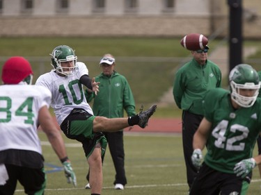 Kicker Quinn Van Gylswyk in action during Roughrider camp at Griffiths Stadium, May 31, 2016.