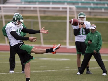 Punter Josh Bartel in action during Roughrider camp at Griffiths Stadium, May 31, 2016.