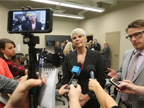 Corrections and Policing Minister Christine Tell speaks at a news conference in Prince Albert on October 09, 2015.
