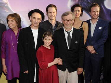 L-R: Penelope Wilton, Mark Rylance, Ruby Barnhill, Bill Hader, Steven Spielberg, Rebecca Hall and Rafe Spall at the premiere of "The BFG" at the El Capitan Theatre on June 21, 2016 in Los Angeles, California.