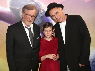 L-R: Director Steven Spielberg, actors Ruby Barnhill and Mark Rylance arrive on the red carpet for the US premiere of Disney's "The BFG" at the El Capitan Theatre on June 21, 2016 in Hollywood, California.