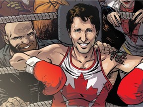 The variant cover of the comic Civil War II: Choosing Sides #5, featuring Prime Minister Justin Trudeau surrounded by the members of Alpha Flight: Sasquatch, top, Puck, bottom left, Aurora, right, and Iron Man in the background is shown in a handout photo. Make way, Liberal cabinet: Prime Minister Justin Trudeau will have another all-Canadian crew in his corner as he suits up for his latest featured role: comic book character. Trudeau will grace the variant cover of issue No. 5 of Marvel's "Civil War II: Choosing Sides" due out Aug. 31.