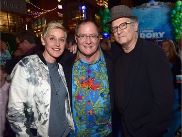 L-R: Actor Ellen DeGeneres, executive producer John Lasseter and actor Albert Brooks attend the world premiere of Disney-Pixar's "Finding Dory" on June 8, 2016 in Hollywood, California.