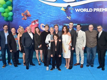 L-R: Bob Peterson, John Lasseter, Kaitlin Olson, John Ratzenberger, Victoria Strouse, Albert Brooks, Ellen DeGeneres, Andrew Stanton, Hayden Rolence, Lindsey Collins, Angus MacLane, Ty Burrell, Ed O'Neill and Eugene Levy attend the world premiere of Disney-Pixar's "Finding Dory" on June 8, 2016 in Hollywood, California.