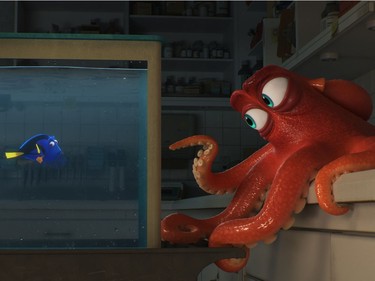 Dory voiced by Ellen DeGeneres (L) and Hank voiced by Ed O'Neill in "Finding Dory."