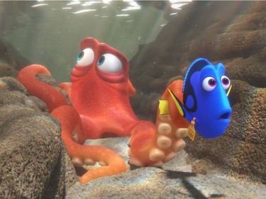 Hank voiced by Ed O'Neill (L) and Dory voiced by Ellen DeGeneres in "Finding Dory."