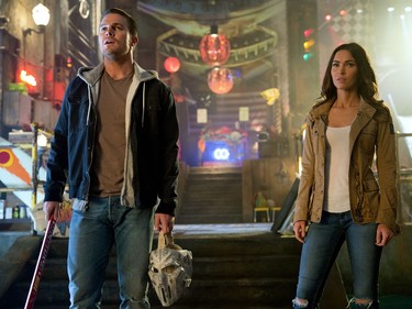 Stephen Amell as Casey Jones and Megan Fox as April O'Neil in "Teenage Mutant Ninja Turtles: Out of the Shadows."