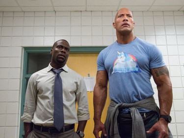 Kevin Hart (L) and Dwayne Johnson star in "Central Intelligence."